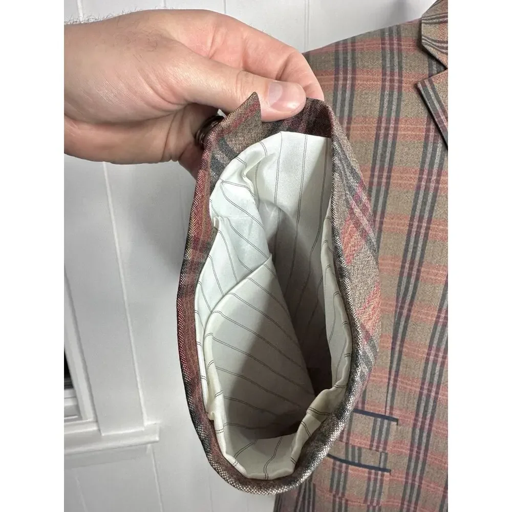 Paul Fredrick Multicolor Plaid Sport Coat Blazer - 48R - Olive Brown Elbow Patch